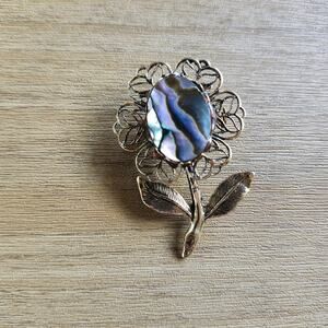 VTG Abalone Shell Floral Filigree Brooch Pin Gold Tone Victorian Style